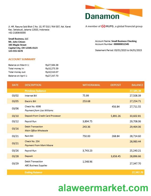 Bank Danamon enterprise account statement Word and PDF template